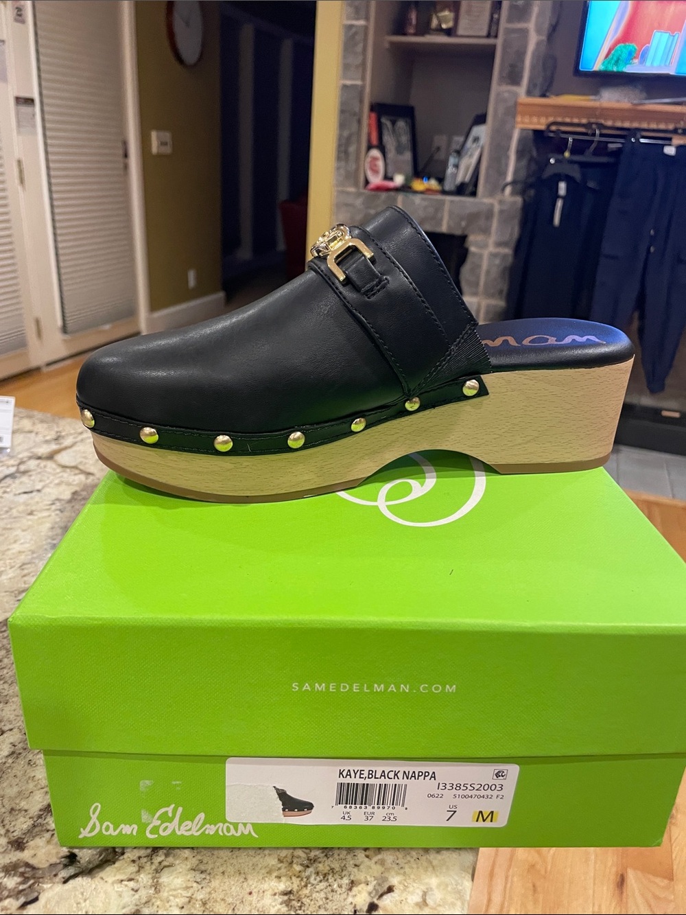 NWT Sam Edelman, Kaye Black Leather Wedge Clog with Gold Studs